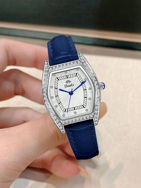 Shein - 1Pc Women Blue Crocodile Embossed Pu Polyurethane Strap Glamorous Rhinestone Decor Water Resistant Tonneau Dial Quartz Watch, For Daily Life