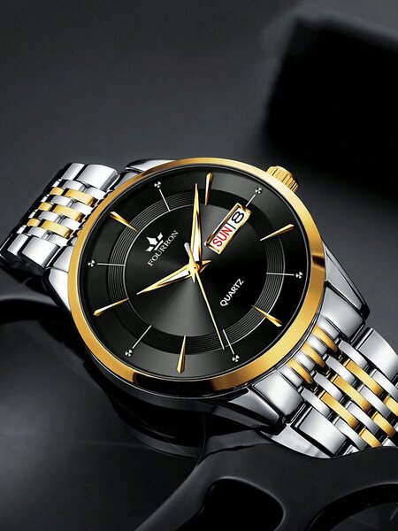 Shein - 1pc Men Two Tone Stainless Steel Strap Business Date Round Dial Quartz Watch, For Daily Life