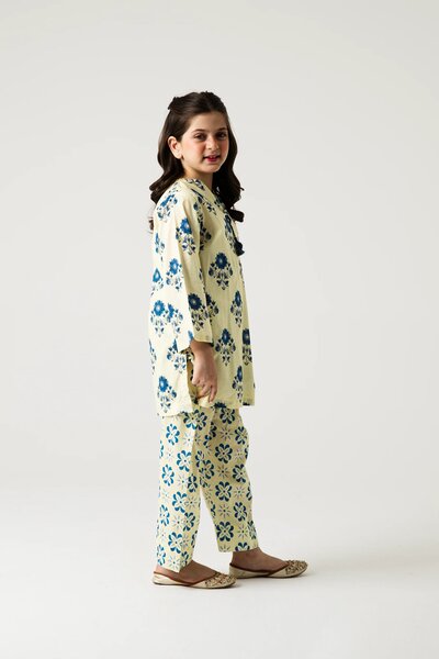 Off-White Blue Floral Kurta Shalwar - 2pc