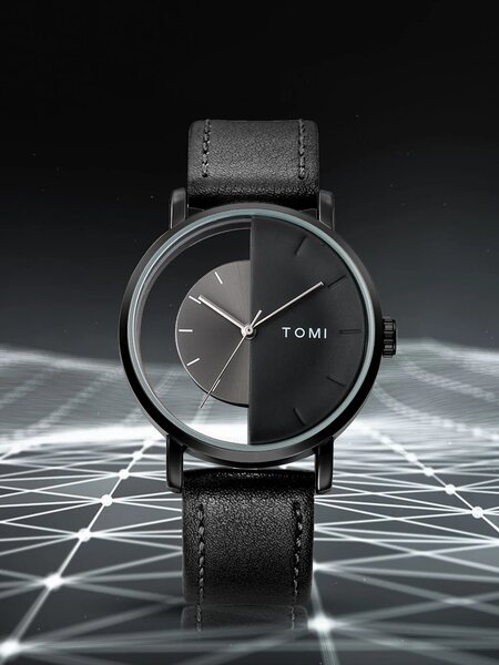 Shein - Men's Simple And Fashionable Semi-Transparent Dial Half-Face Leather Belt Watch