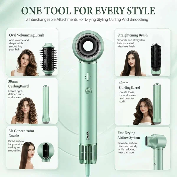 VGR - V-478 1300W 6 in 1 Hair Styler and Round Brush, 3 Speeds and 4 Temperature Levels, Curling Iron with Removable Back