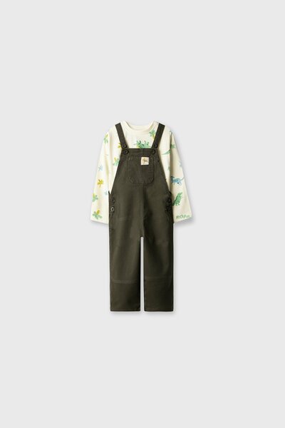 Boys Olive Dinosaur Dungaree Set