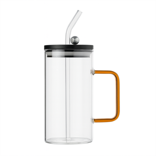 250ml Straw Glass – Clear Borosilicate with Handle, Lid & Reusable Straw (Pink & Black)