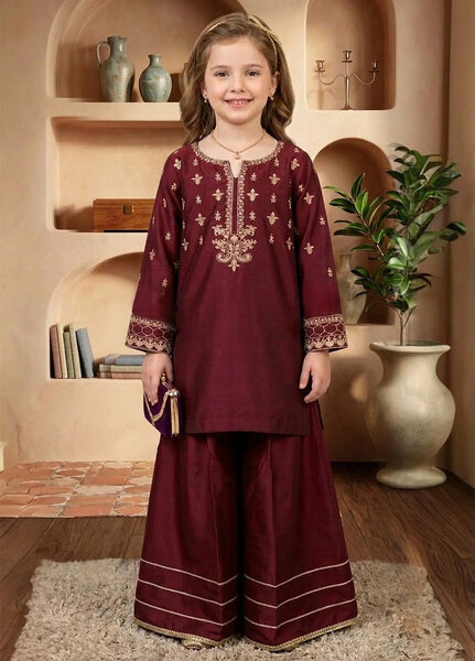Modest Girls RTW Embroidered Viscose 3 Piece Suit Maroon Wedding Collection