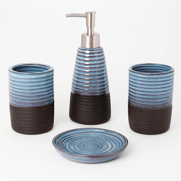 4 Pcs Bathroom Set – Blue & Brown Textured Bath Accessories