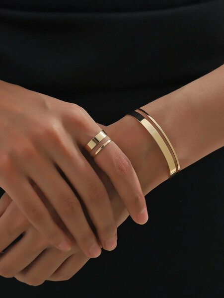 Shein Simple copper geometric waves bracelet and ring set 2 pieces for women