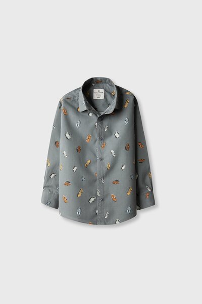 Boys Grey Cotton Vehicle Printed Shirt