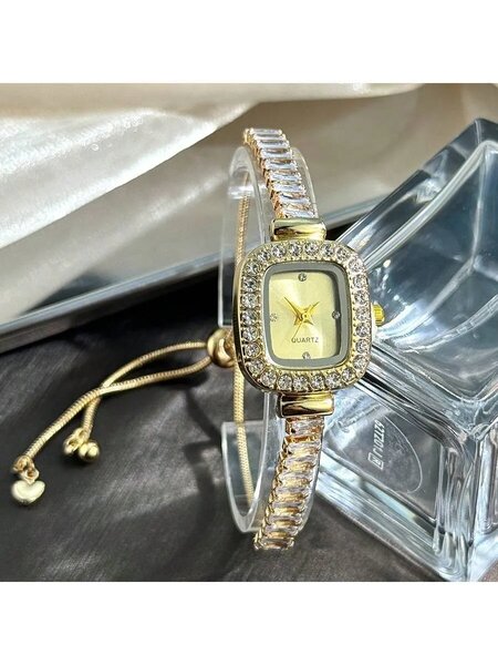 Shein - 1pc Women's Gold-Tone Zirconia Embedded Smooth Pull Style Bracelet Watch, Square Alloy Case Rhinestones