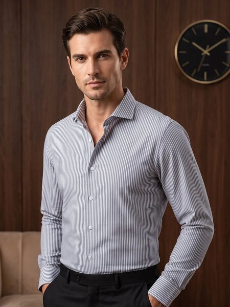 White & Black Striped, Classic Edition, Cutaway Collar Men’s Formal Shirt (FS-3083)