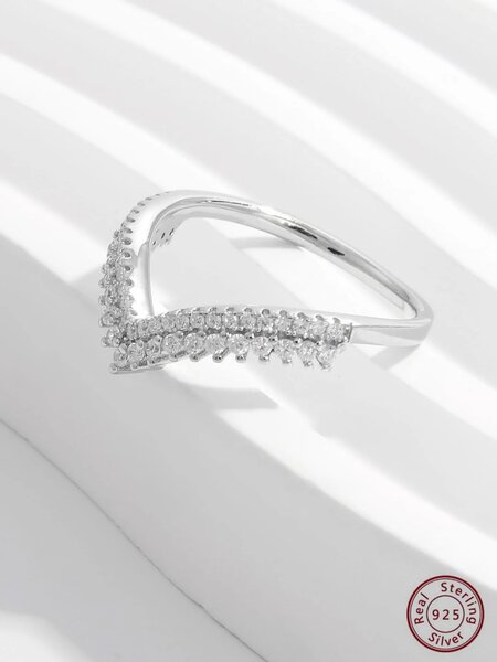 Shein Exclusive - A Gorgeous, Elegant, Shiny, Fashionable And Generous 925 Silver Artificial Cubic Zirconia Two-Layer Stone Shallow V Arrow Shape Design Ring Wedding Engagement Bridal Jewelry