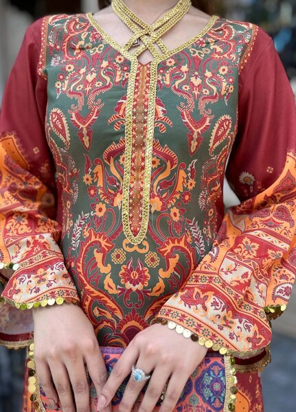 Mataish Women RTW Printed Crepe 1 Piece Suit Solea Rust - Festive Collection