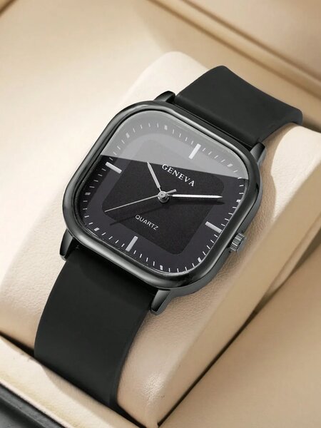 Shein - 1pc Men's Silicone Strap Fashion Casual Square Minimalist Dial Quartz Wrist Watch - Black Dial