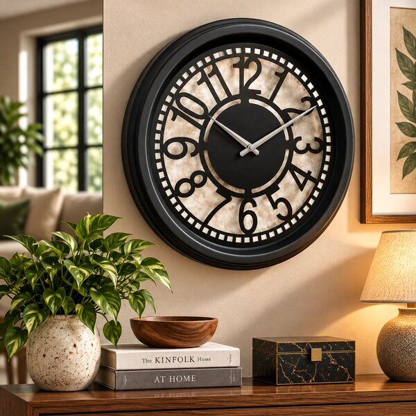 CAMBRIDGE Wall Clock – Black Plastic Frame with Cutout Numerals and Marbled Dial
