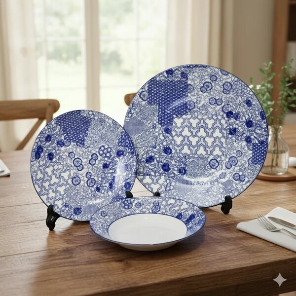 6 Person (18pcs) Blue Floral Classic Plate Set – Elegant Ceramic Dinnerware Collection