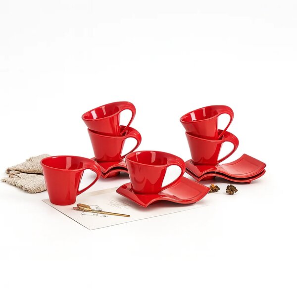 Solecasa 6 Pcs Wavy Cup  Saucer Set  Red Ceramic Tea & Coffee Set