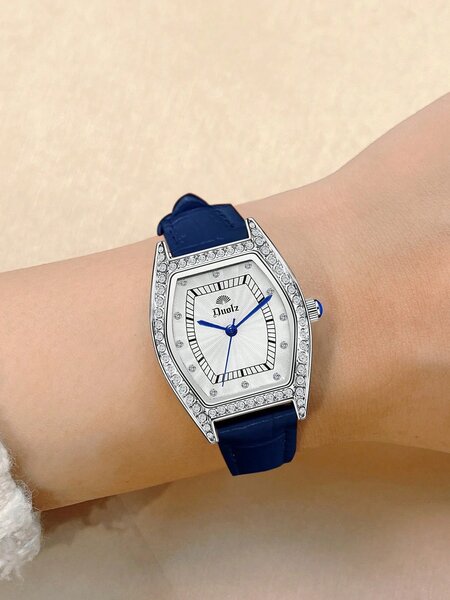Shein - 1Pc Women Blue Crocodile Embossed Pu Polyurethane Strap Glamorous Rhinestone Decor Water Resistant Tonneau Dial Quartz Watch, For Daily Life