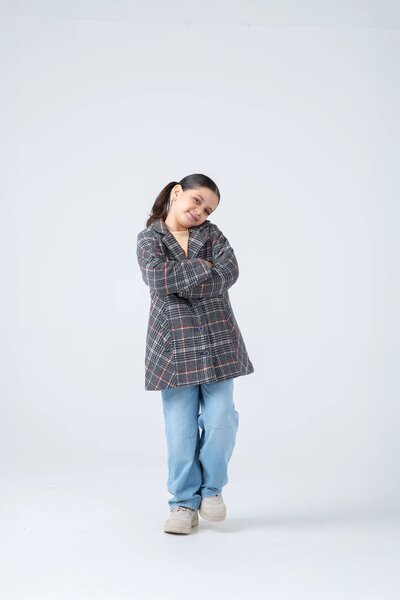 Girls' Grey Checkered Felt Coat