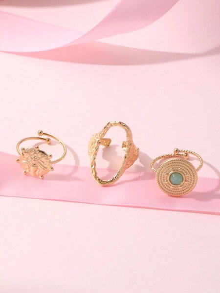 Shein - 3pcs/set Fashion Stainless Steel Round Decor Ring For Women For Daily Life