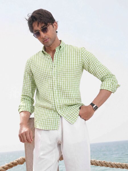 Brumano Mens RTW Solids Cotton Shirt Green Bold Gingham Checkered Casual Collection