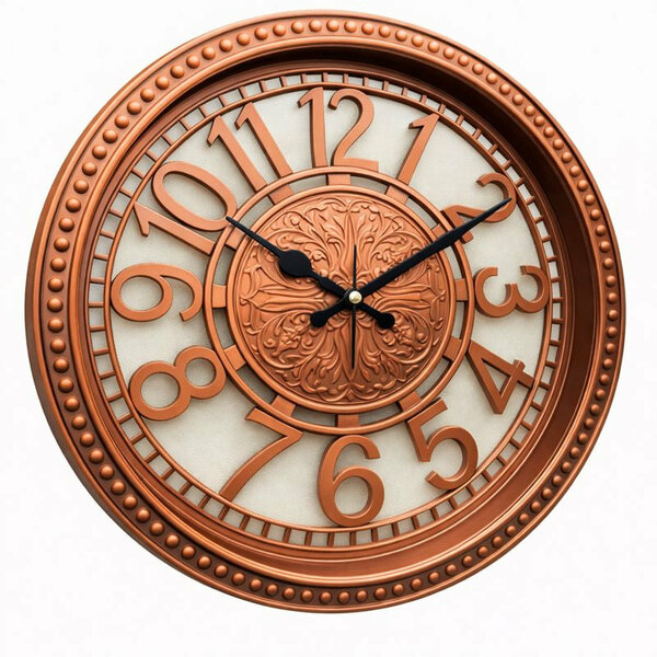 Heritage Retro Wall Clock 15 Inch – Ornate Copper Finish with Embossed Center & Classic Numerals (Plastic)