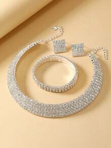 Shein - 4pcs High-End And Elegant Silver-Color Water Drop Rhinestone Collar Jewelry Set