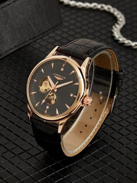 Shein - 1pc Men Hollow Automatic Mechanical Waterproof Leather Band Watch, Casual & Elegant