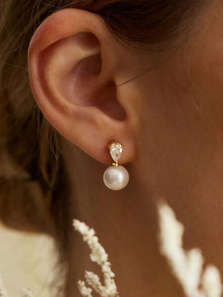 Shein - 14k Gold Plated CZ Pearl Bridal Earrings, Low Allergy Gold Plated Earrings, Elegant Wedding Bride Pearl Jewelry For Women