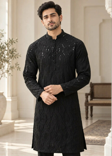 TGM Mens RTW Chikankari Chikankari Kurta Pajama Suit Titan Black Festive Collection