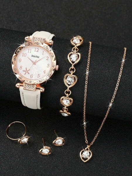 Shein - 6pcs/Set Women's Fashion Casual Rhinestone Floral Dial Quartz Wrist Watch