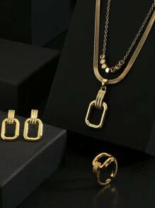 Shein - 4 Pieces Of Trendy High-Quality Stainless Steel  Necklace + Earrings + Ring 3 Set