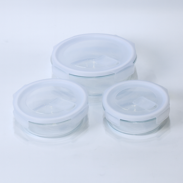 3 Pcs Round Glass Food Storage Container Set – 420ml, 650ml & 950ml – KD-07