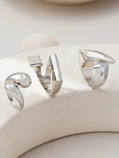 Shein - 3pcs Geometric Hollow Gold-Tone Rings, Minimalist Rings Set