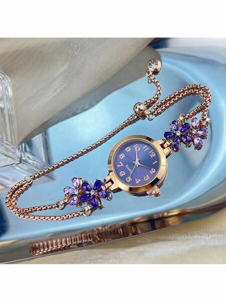 Shein - 1pc Women's Purple Color Petal Rhinestone Pull-Out Watch Chain, Arabic Numeral Elegant Quartz Watch