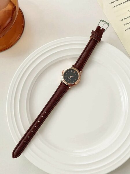 Shein - 1pc Ladies Watch Round Pointer Quartz Watch - Brown