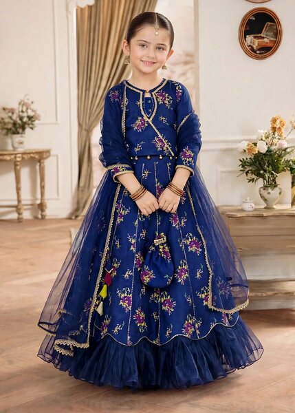 Jhilmil by Modest Girls RTW Printed Raw Silk 3 Piece Suit Blue Lehenga Festive Collection