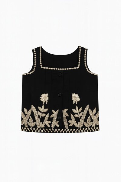 Orchid | Black cotton Co-Ord set with hand-embroidered detailing and square neckline