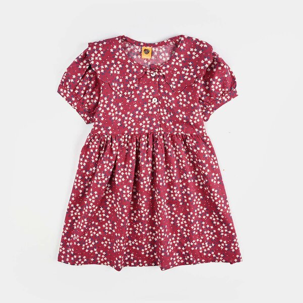 Girls Cotton Poplin Casual Frock Red Floral - Multi