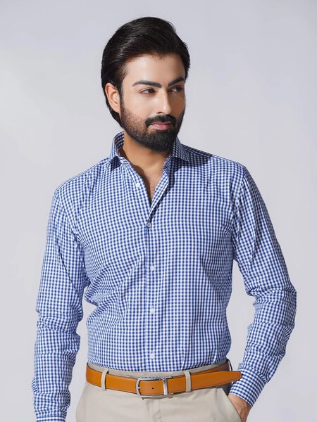 Blue & White Self Checkered, Elite Edition, Cutaway Collar Men’s Formal Shirt (FS-2443)