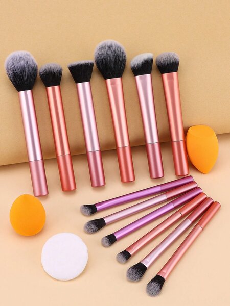Shein - 12pcs Makeup Brush Set Including Powder Brush, Blush Brush, Concealer Brush, Eyeshadow Brush & 2 Orange Makeup Sponges & 1 White Powder Puff, Suitable For All Skin Types