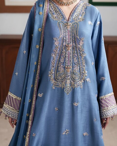 Mahenoor by Roheenaz Unstitched Embroidered Raw Silk 3 Piece Suit RN26UMR Sitara Bano RUNES260108 - Festive Collection
