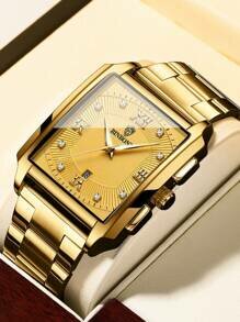 Shein - Men's Watch Gold Strap Rhinestone Square Dial Calendar Pointer Quartz Watch, For Daily Life Waterproof Father