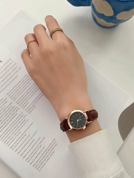 Shein - 1pc Ladies Watch Round Pointer Quartz Watch - Brown