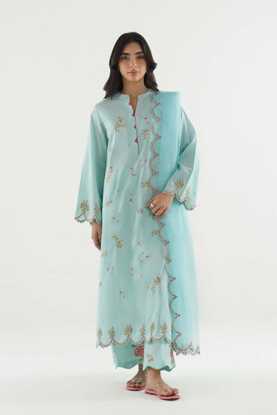 Stitched Embroidered Slub Lawn Suit