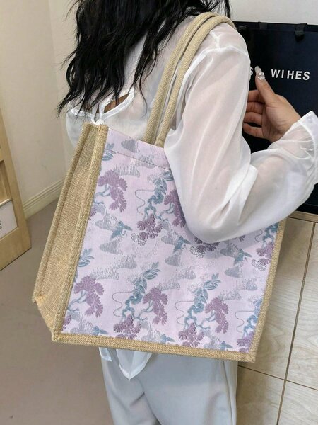Shein - Women's Large Capacity Floral Printed One Shoulder Tote Bag