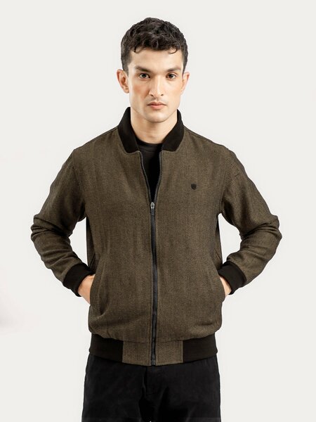 Brumano Mens RTW Solids Poly Jacket Camel Herringbone Bomber Jacket Winter Collection