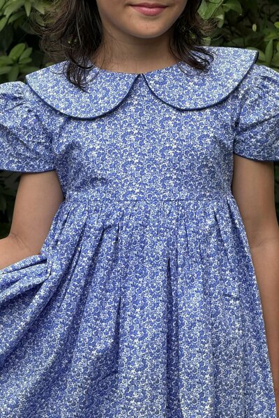 Bluebell | Girls blue and white floral cotton dress with Peter Pan collar