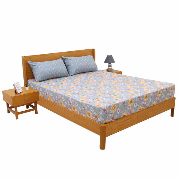 Blue Meadows Double Bed Sheet Set | Soft Floral Printed Bedding | 94x98 Inches