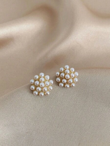 Shein - 6pcs Set Retro Smooth Surface Hong Kong Style Round Pearl Charm Cat Eye Earrings And Stud Earrings