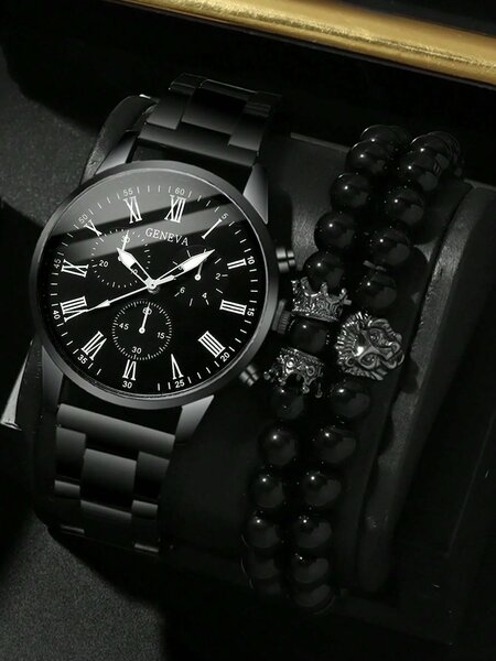 Shein - 3pcs Fashionable And Versatile Men's Steel Strap Quartz Watch