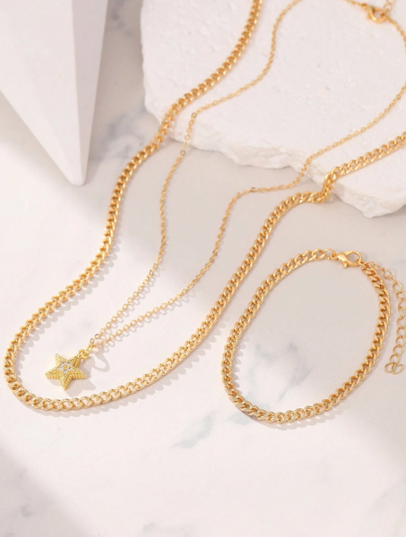 Shein - Nooxian 3pcs/Set Women Fashion Star CZ Pendant Multilayer Necklace And Bracelet Jewelry Set